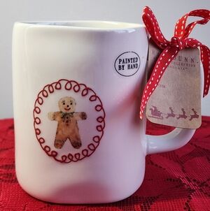 Rae Dunn White Mug with Red and Brown Gingerbread Design
